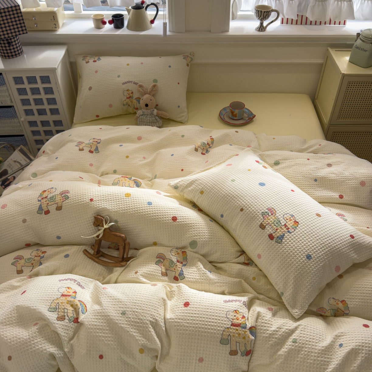 91家纺网 家纺一手货源 找家纺 眠博士 2026新款A类全棉印花华夫格工艺四件套 全棉华夫格-彩虹萌骑