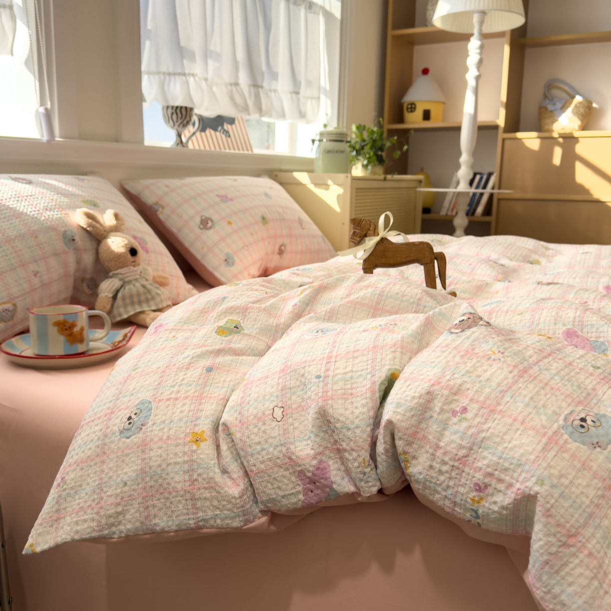 91家纺网 家纺一手货源 找家纺 眠博士 2026新款A类全棉印花华夫格工艺四件套 全棉华夫格-粉格萌趣