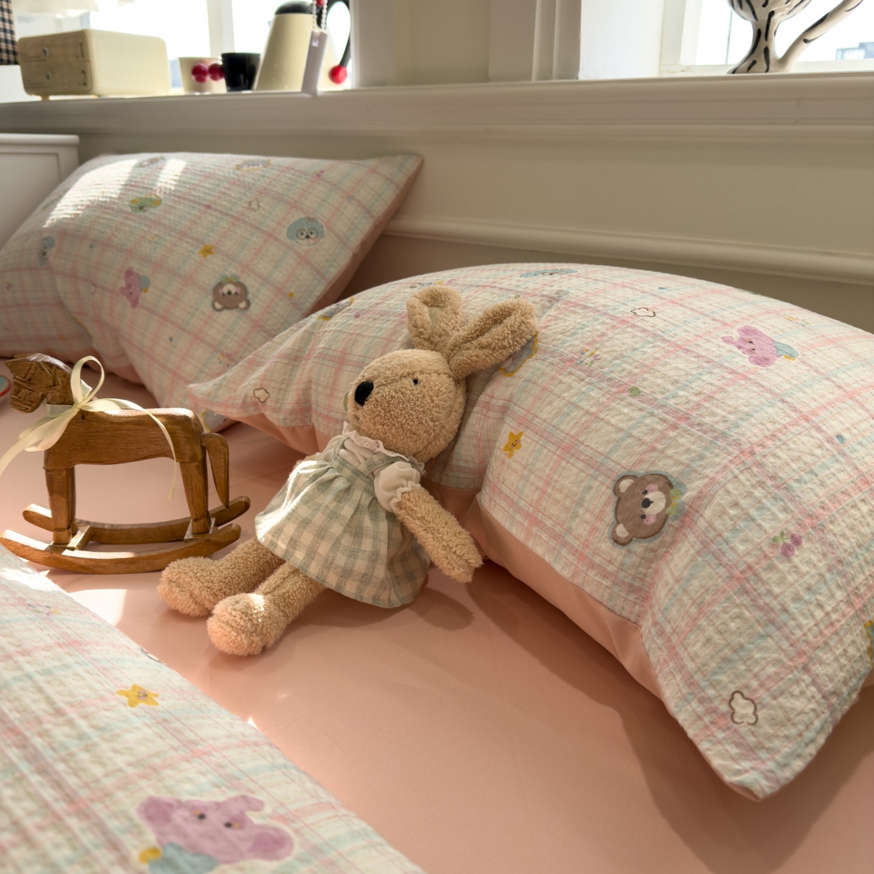 91家纺网 家纺一手货源 找家纺 眠博士 2026新款A类全棉印花华夫格工艺四件套 全棉华夫格-粉格萌趣