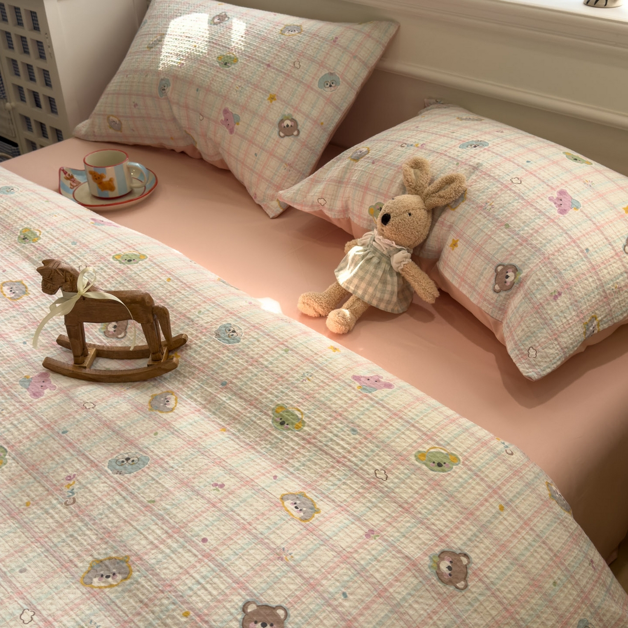 91家纺网 家纺一手货源 找家纺 眠博士 2026新款A类全棉印花华夫格工艺四件套 全棉华夫格-粉格萌趣