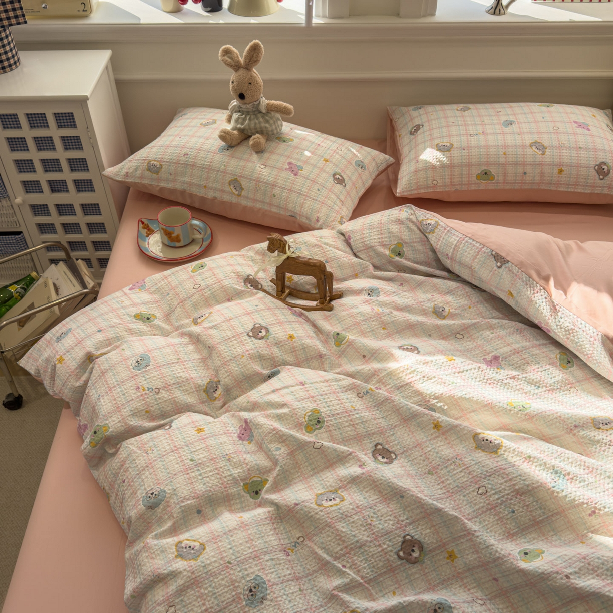 91家纺网 家纺一手货源 找家纺 眠博士 2026新款A类全棉印花华夫格工艺四件套 全棉华夫格-粉格萌趣