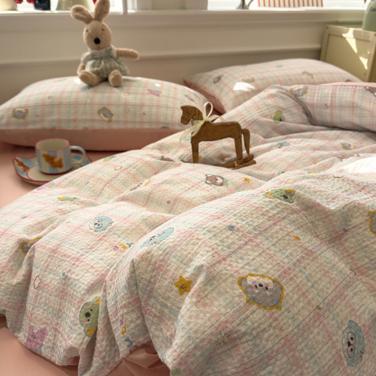 91家纺网 家纺一手货源 找家纺 眠博士 2026新款A类全棉印花华夫格工艺四件套 全棉华夫格-粉格萌趣