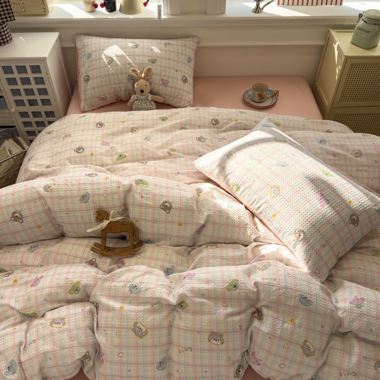 91家纺网 家纺一手货源 找家纺 眠博士 2026新款A类全棉印花华夫格工艺四件套 全棉华夫格-粉格萌趣