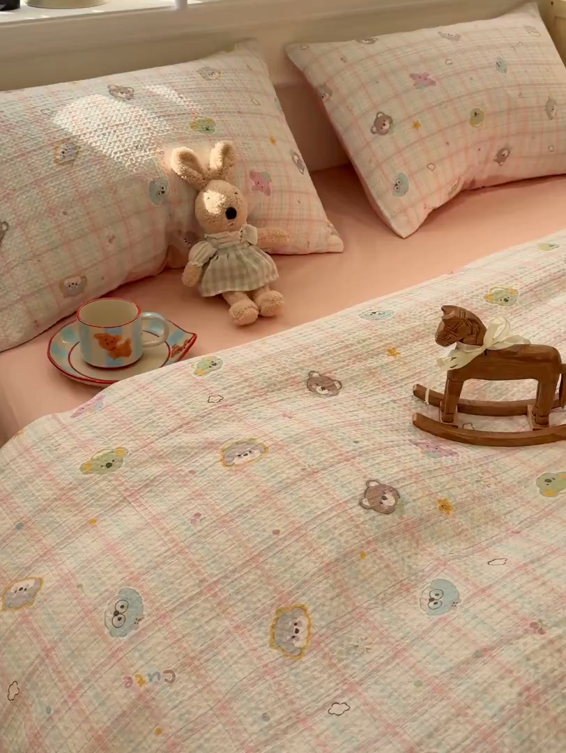 91家纺网 家纺一手货源 找家纺 眠博士 2026新款A类全棉印花华夫格工艺四件套 全棉华夫格-粉格萌趣