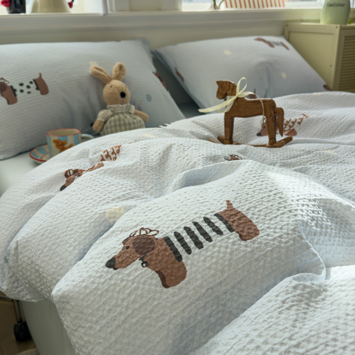 91家纺网 家纺一手货源 找家纺 眠博士 2026新款A类全棉印花华夫格工艺四件套 全棉华夫格-海盐腊肠