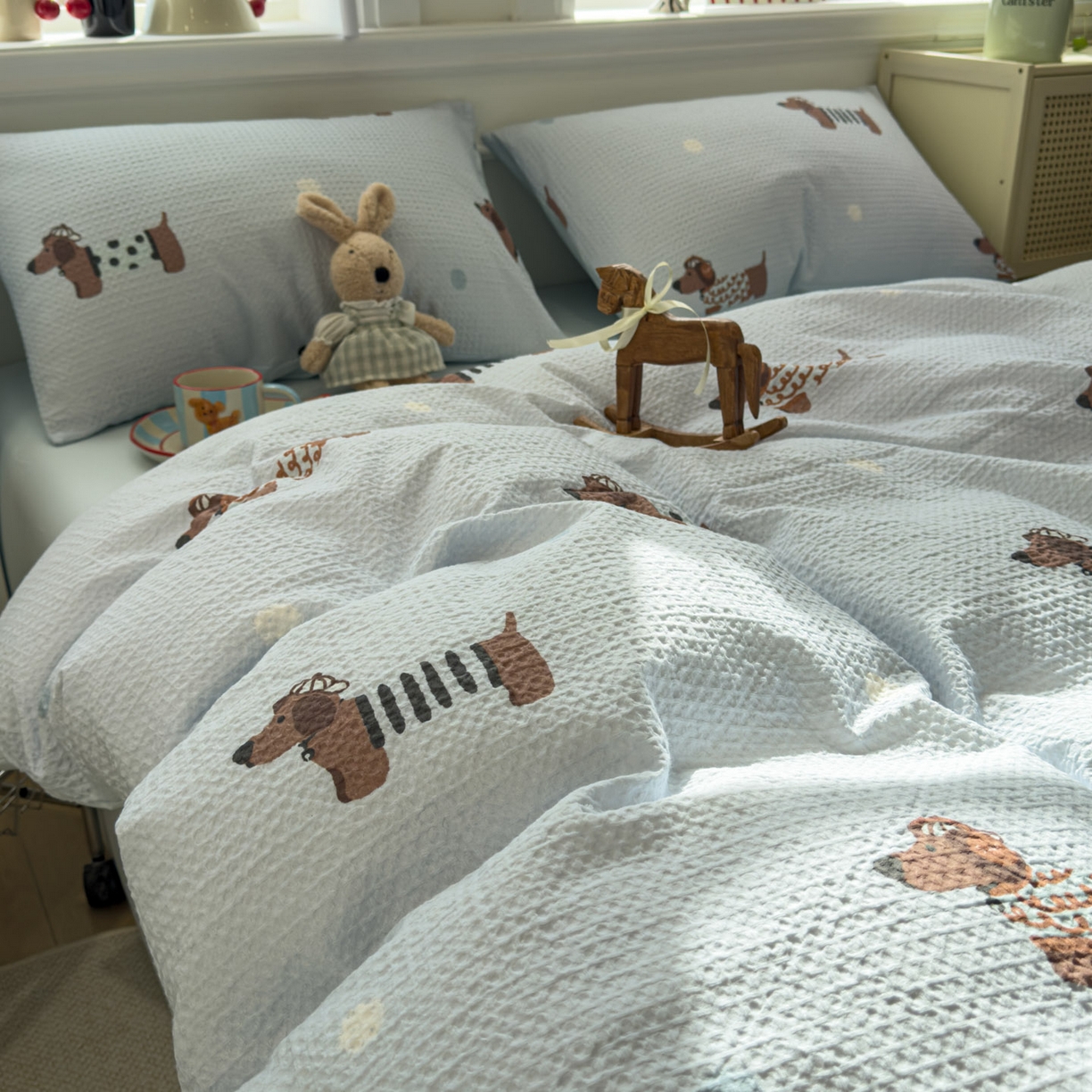 91家纺网 家纺一手货源 找家纺 眠博士 2026新款A类全棉印花华夫格工艺四件套 全棉华夫格-海盐腊肠