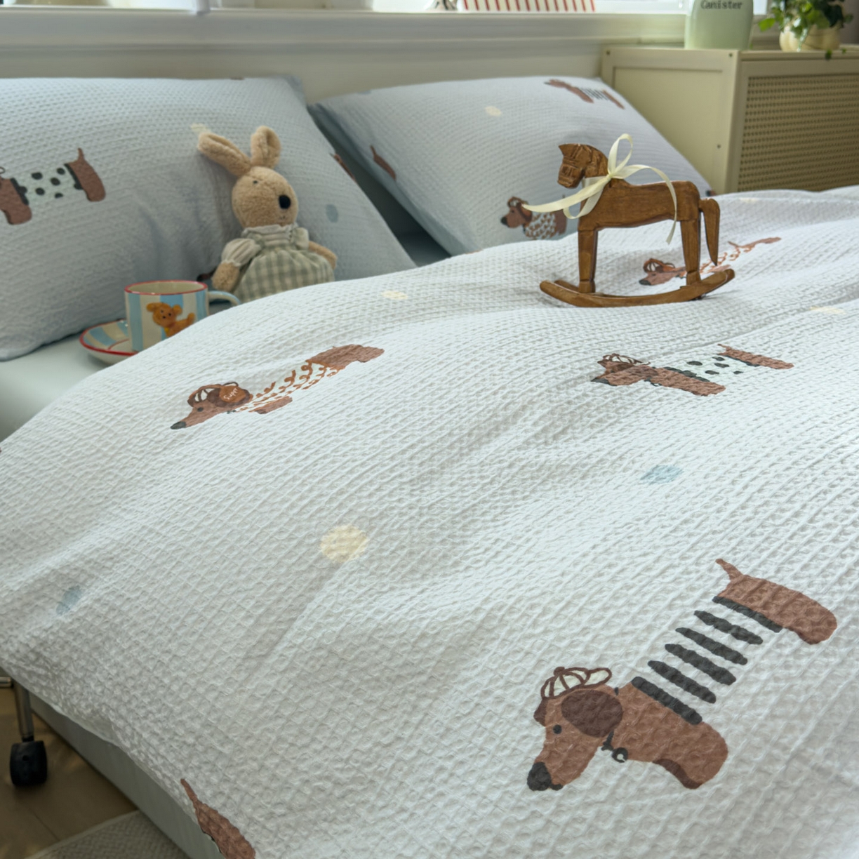 91家纺网 家纺一手货源 找家纺 眠博士 2026新款A类全棉印花华夫格工艺四件套 全棉华夫格-海盐腊肠