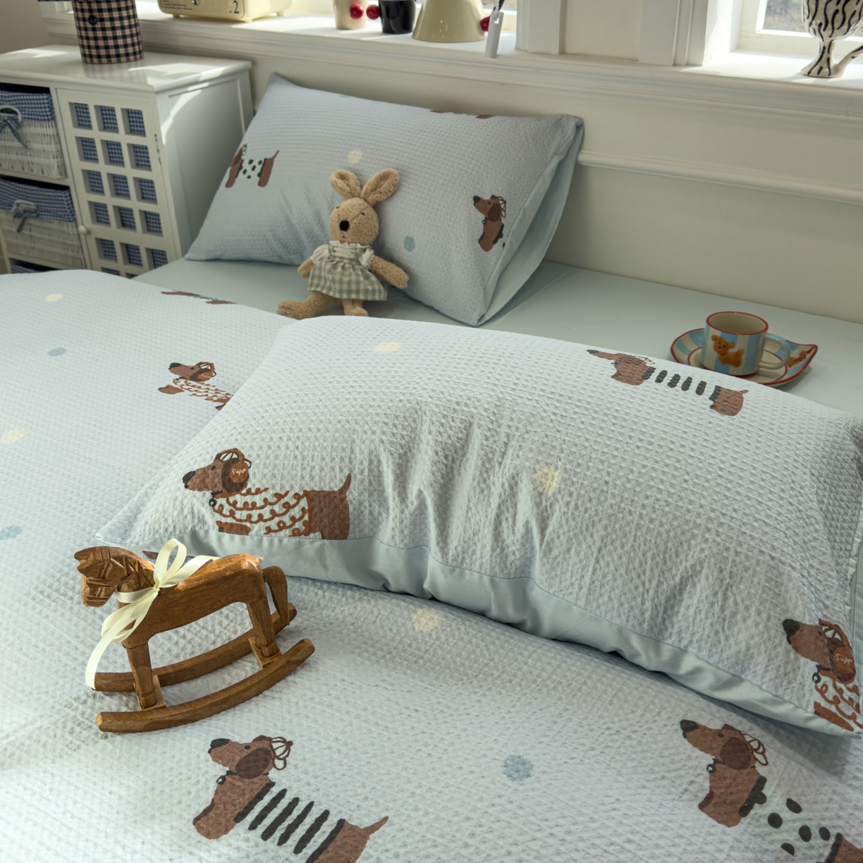 91家纺网 家纺一手货源 找家纺 眠博士 2026新款A类全棉印花华夫格工艺四件套 全棉华夫格-海盐腊肠