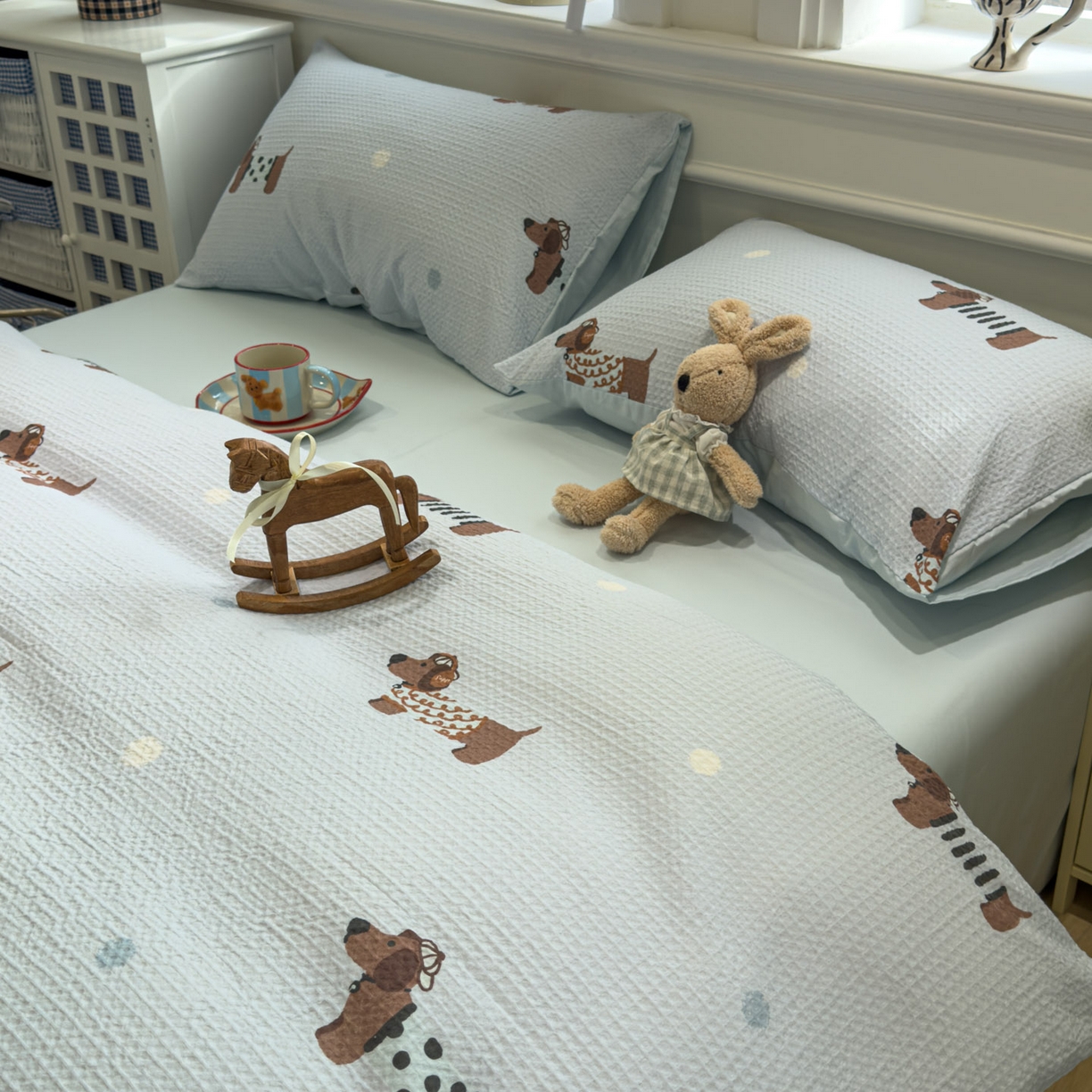 91家纺网 家纺一手货源 找家纺 眠博士 2026新款A类全棉印花华夫格工艺四件套 全棉华夫格-海盐腊肠