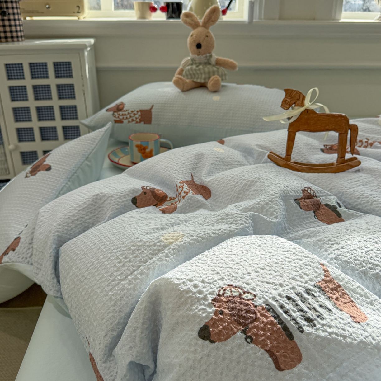 91家纺网 家纺一手货源 找家纺 眠博士 2026新款A类全棉印花华夫格工艺四件套 全棉华夫格-海盐腊肠