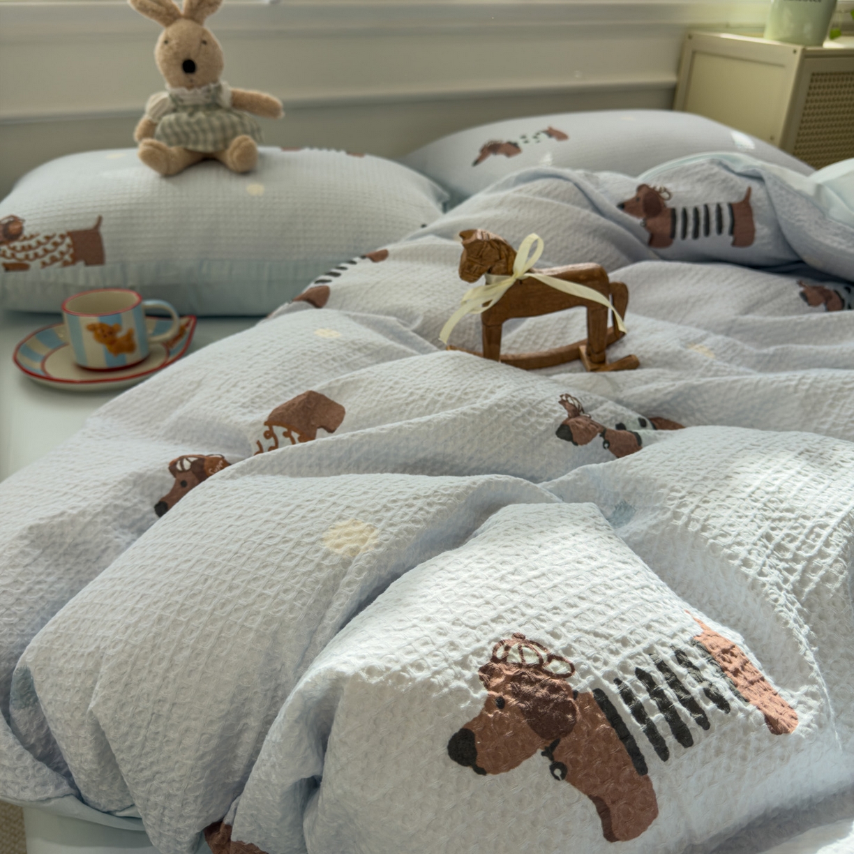 91家纺网 家纺一手货源 找家纺 眠博士 2026新款A类全棉印花华夫格工艺四件套 全棉华夫格-海盐腊肠