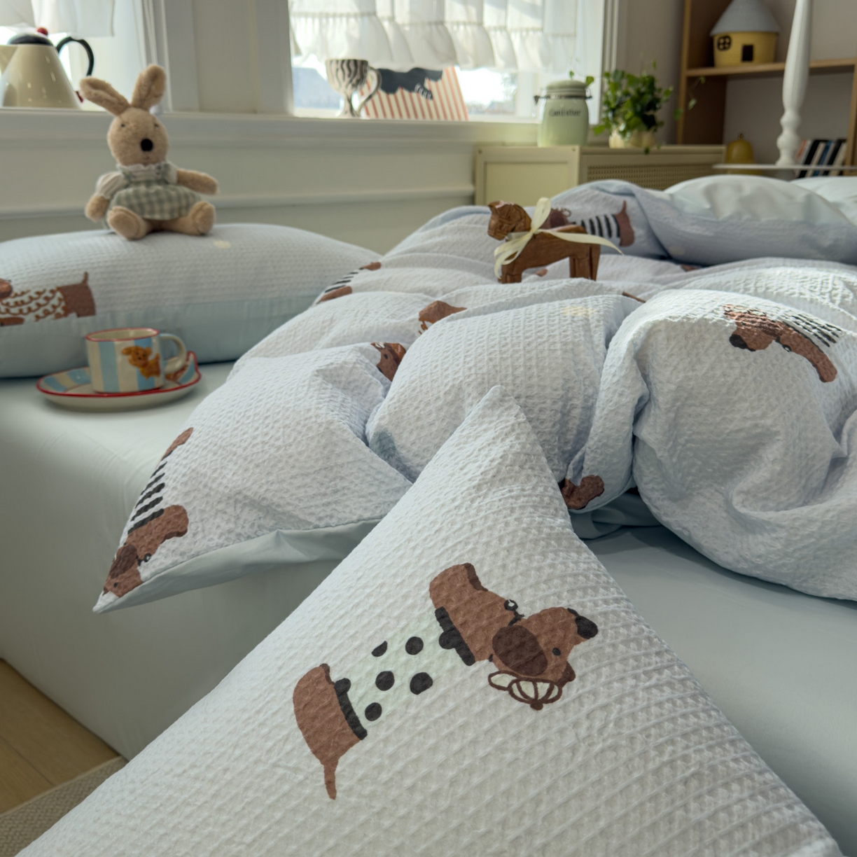 91家纺网 家纺一手货源 找家纺 眠博士 2026新款A类全棉印花华夫格工艺四件套 全棉华夫格-海盐腊肠