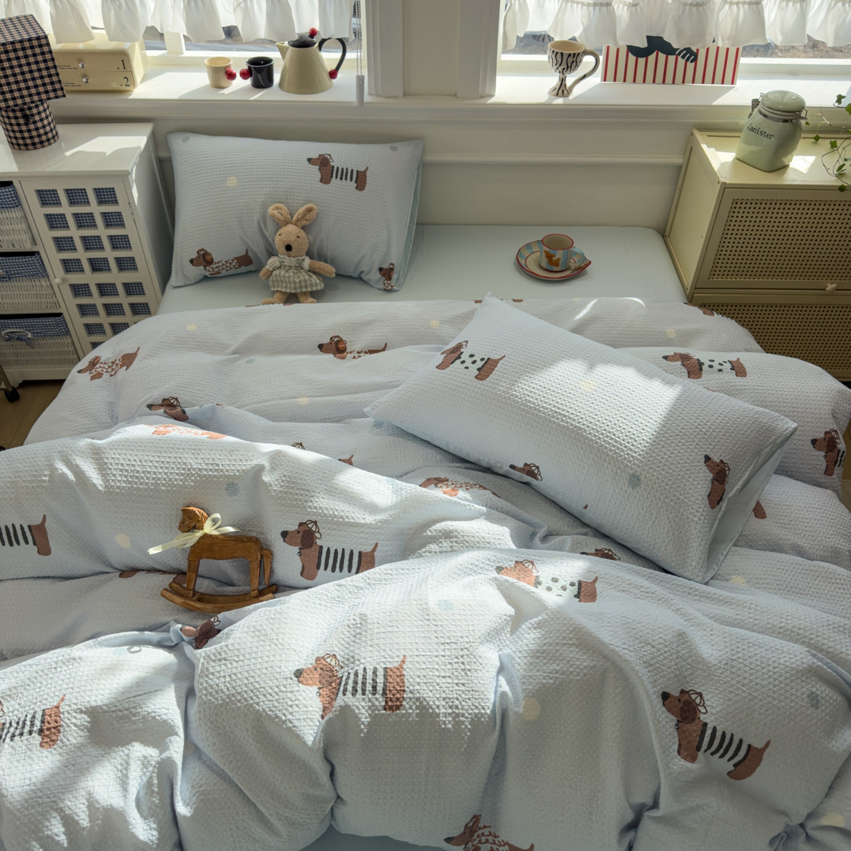 91家纺网 家纺一手货源 找家纺 眠博士 2026新款A类全棉印花华夫格工艺四件套 全棉华夫格-海盐腊肠