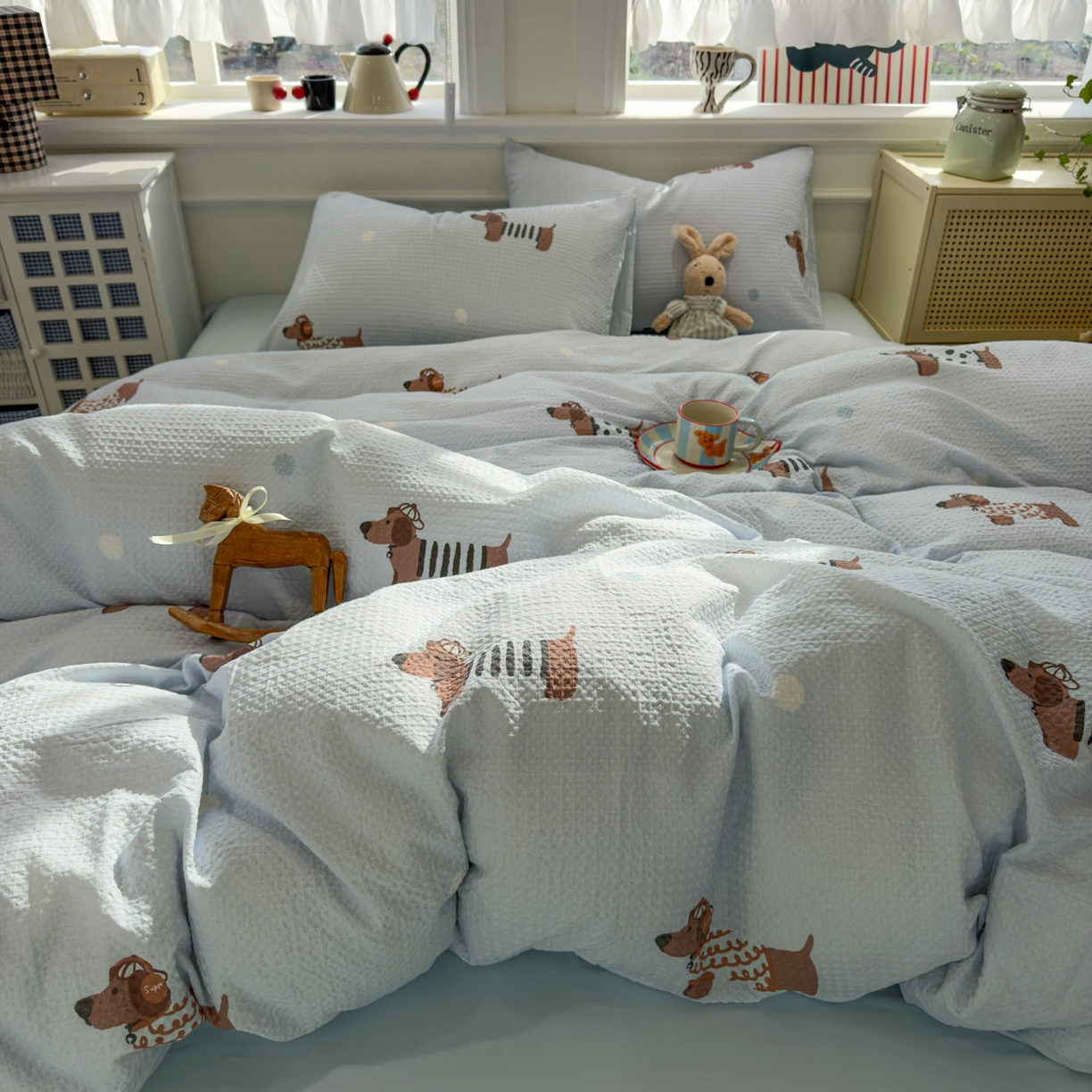 91家纺网 家纺一手货源 找家纺 眠博士 2026新款A类全棉印花华夫格工艺四件套 全棉华夫格-海盐腊肠