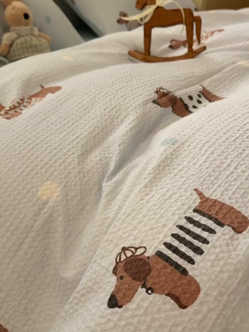 91家纺网 家纺一手货源 找家纺 眠博士 2026新款A类全棉印花华夫格工艺四件套 全棉华夫格-海盐腊肠