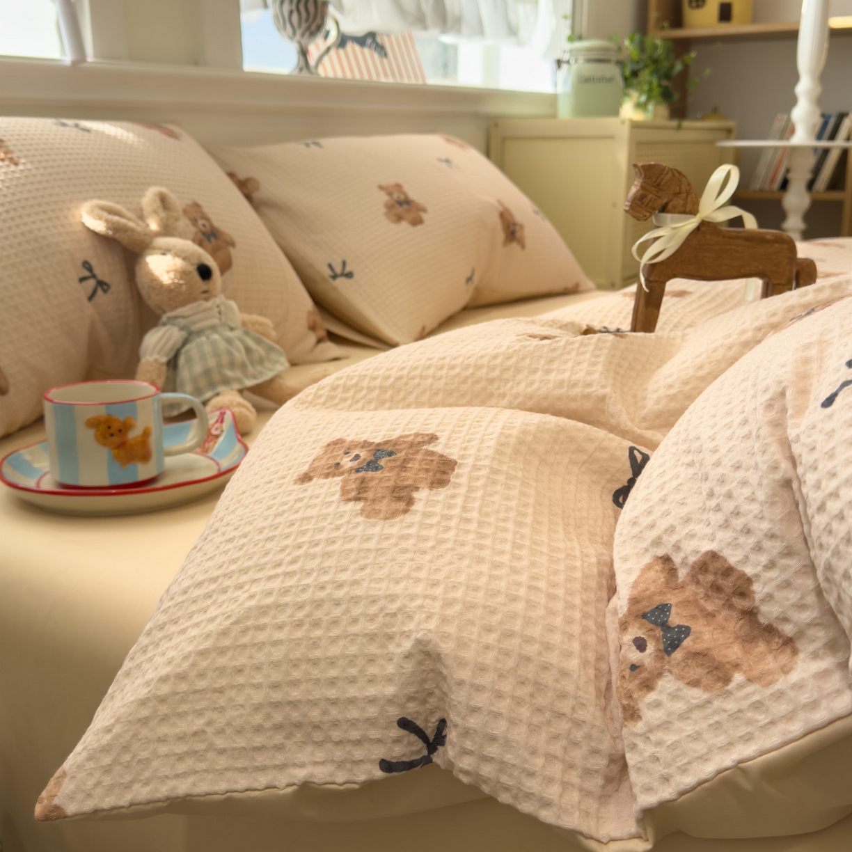 眠博士 2026新款A类全棉印花华夫格工艺四件套 全棉华夫格-糯糯熊仔