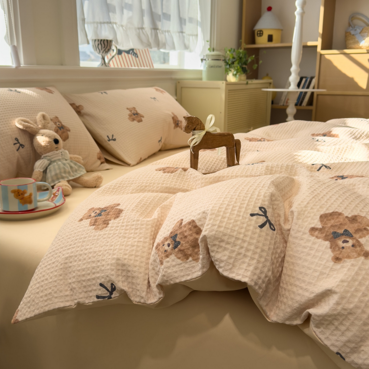 91家纺网 家纺一手货源 找家纺 眠博士 2026新款A类全棉印花华夫格工艺四件套 全棉华夫格-糯糯熊仔