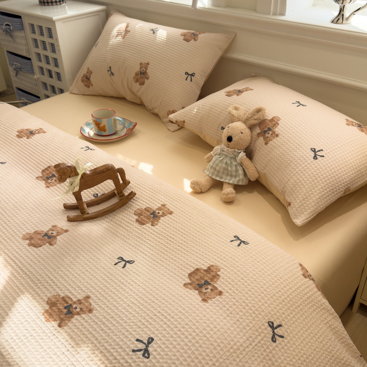 91家纺网 家纺一手货源 找家纺 眠博士 2026新款A类全棉印花华夫格工艺四件套 全棉华夫格-糯糯熊仔