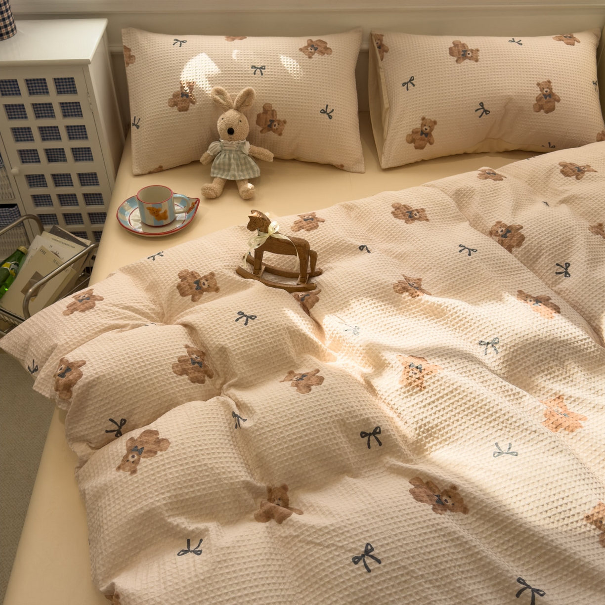 91家纺网 家纺一手货源 找家纺 眠博士 2026新款A类全棉印花华夫格工艺四件套 全棉华夫格-糯糯熊仔