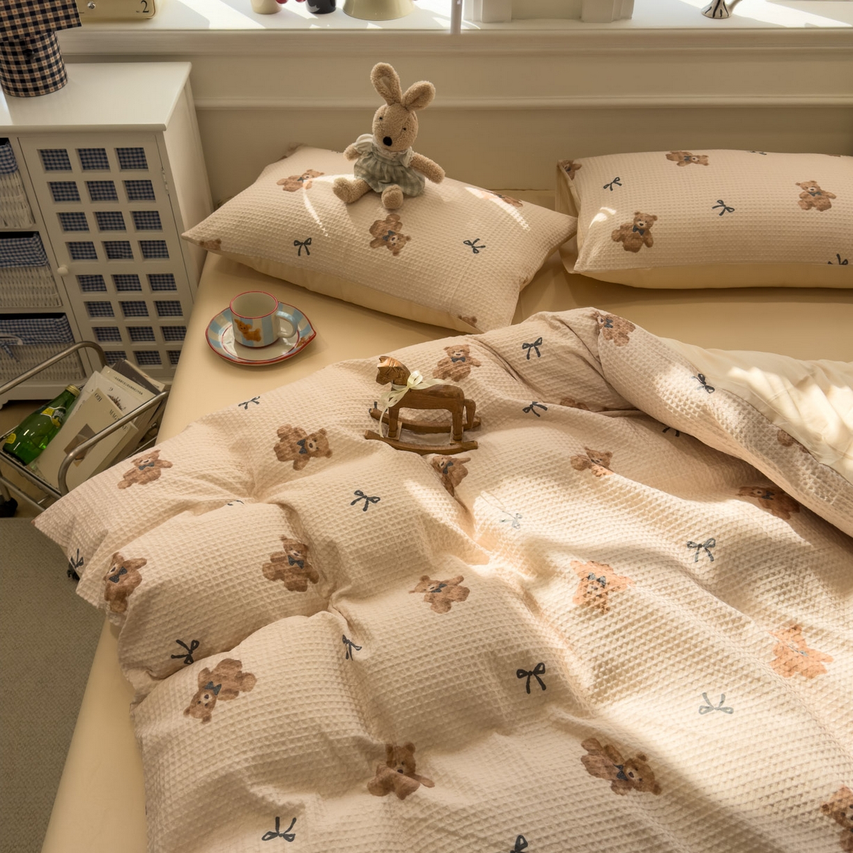 91家纺网 家纺一手货源 找家纺 眠博士 2026新款A类全棉印花华夫格工艺四件套 全棉华夫格-糯糯熊仔