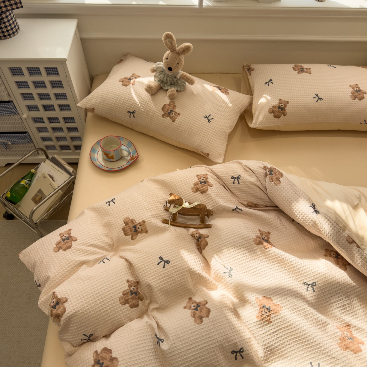 91家纺网 家纺一手货源 找家纺 眠博士 2026新款A类全棉印花华夫格工艺四件套 全棉华夫格-糯糯熊仔