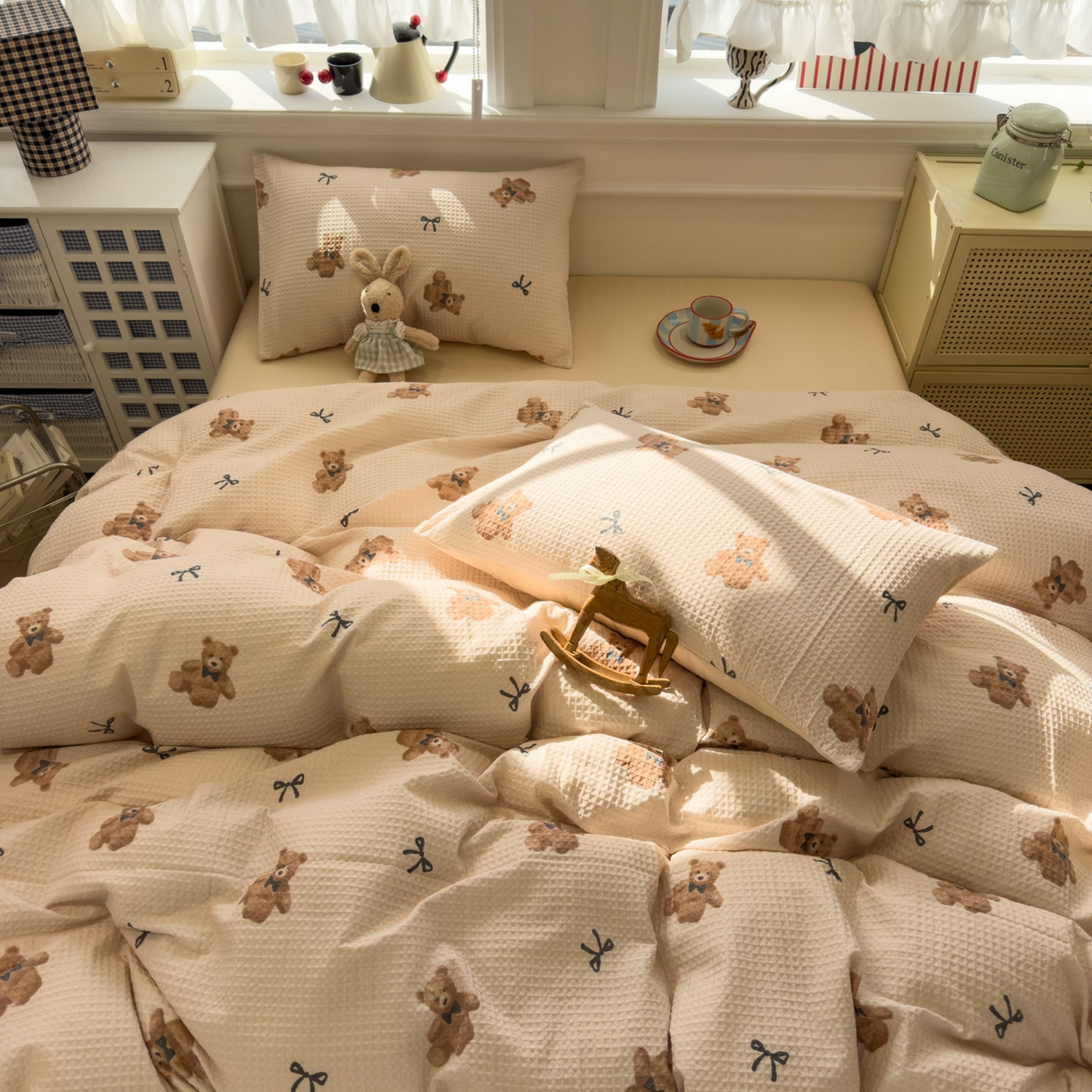 91家纺网 家纺一手货源 找家纺 眠博士 2026新款A类全棉印花华夫格工艺四件套 全棉华夫格-糯糯熊仔