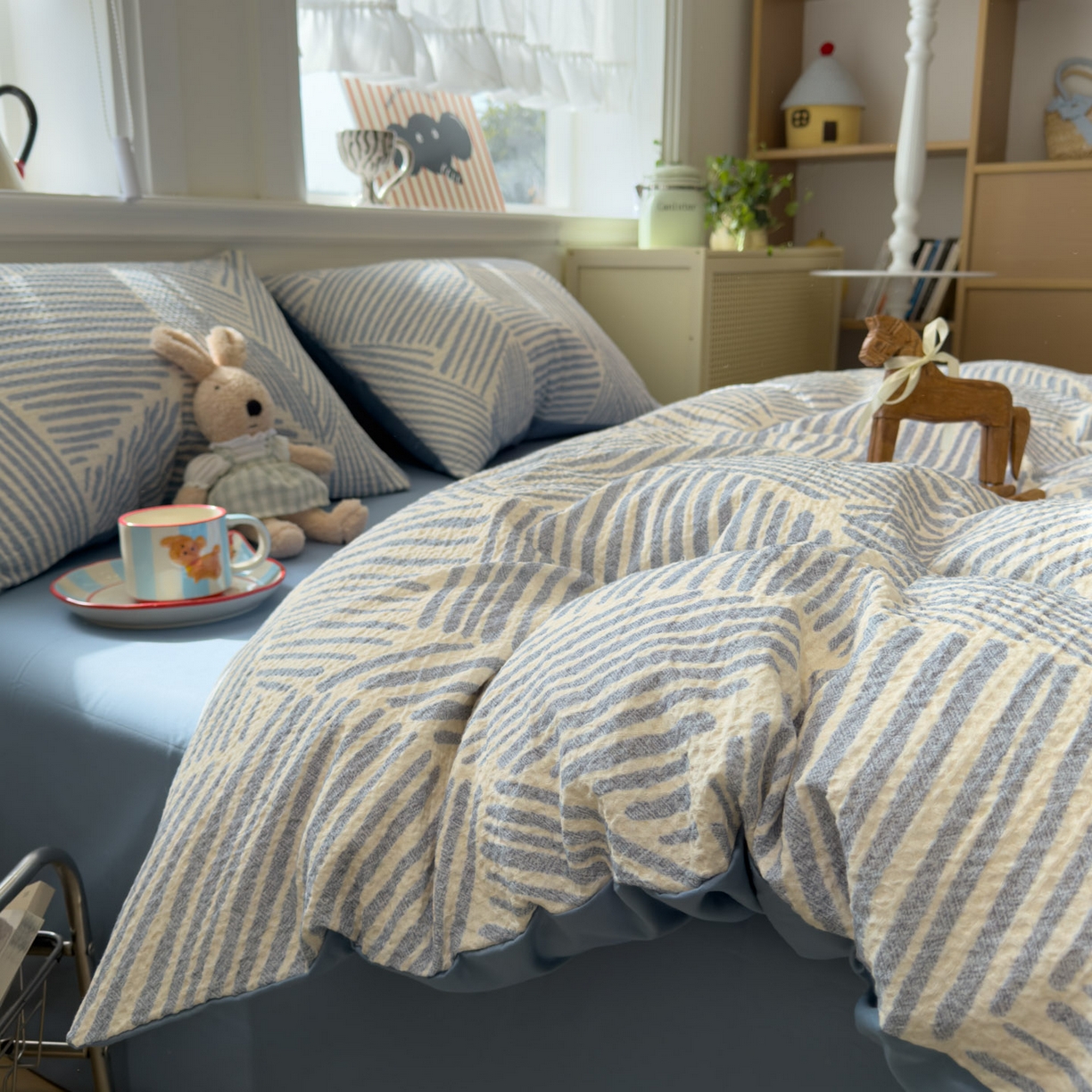 眠博士 2026新款A类全棉印花华夫格工艺四件套 全棉华夫格-素蓝几何