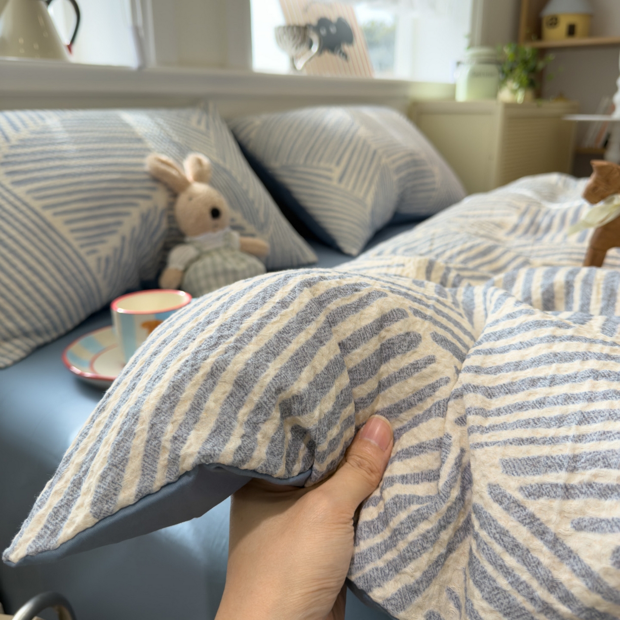 91家纺网 家纺一手货源 找家纺 眠博士 2026新款A类全棉印花华夫格工艺四件套 全棉华夫格-素蓝几何