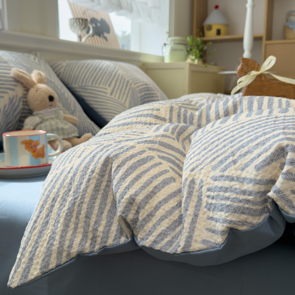 91家纺网 家纺一手货源 找家纺 眠博士 2026新款A类全棉印花华夫格工艺四件套 全棉华夫格-素蓝几何