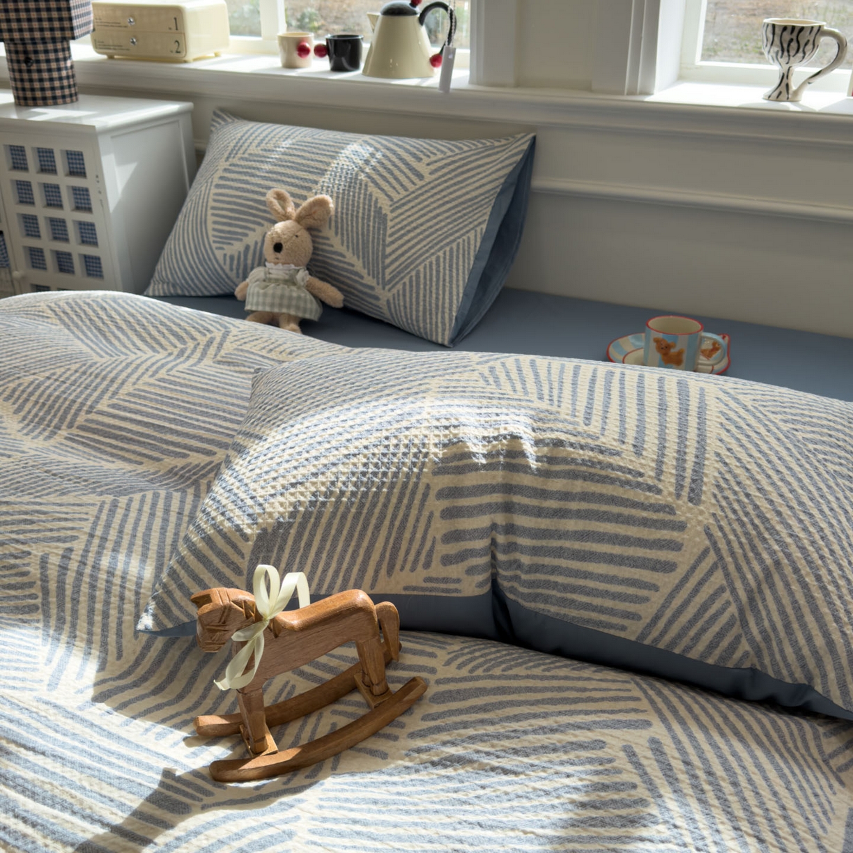 91家纺网 家纺一手货源 找家纺 眠博士 2026新款A类全棉印花华夫格工艺四件套 全棉华夫格-素蓝几何