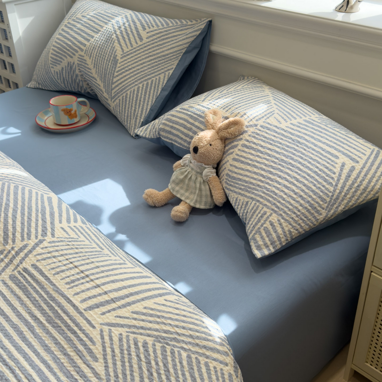 91家纺网 家纺一手货源 找家纺 眠博士 2026新款A类全棉印花华夫格工艺四件套 全棉华夫格-素蓝几何