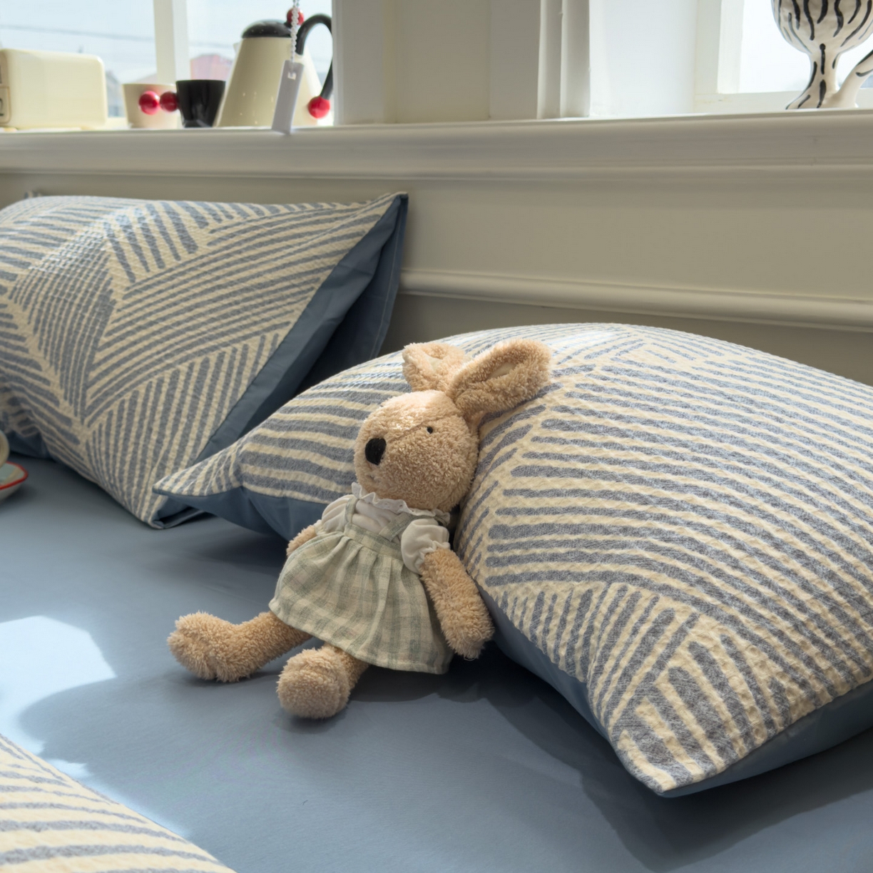 91家纺网 家纺一手货源 找家纺 眠博士 2026新款A类全棉印花华夫格工艺四件套 全棉华夫格-素蓝几何