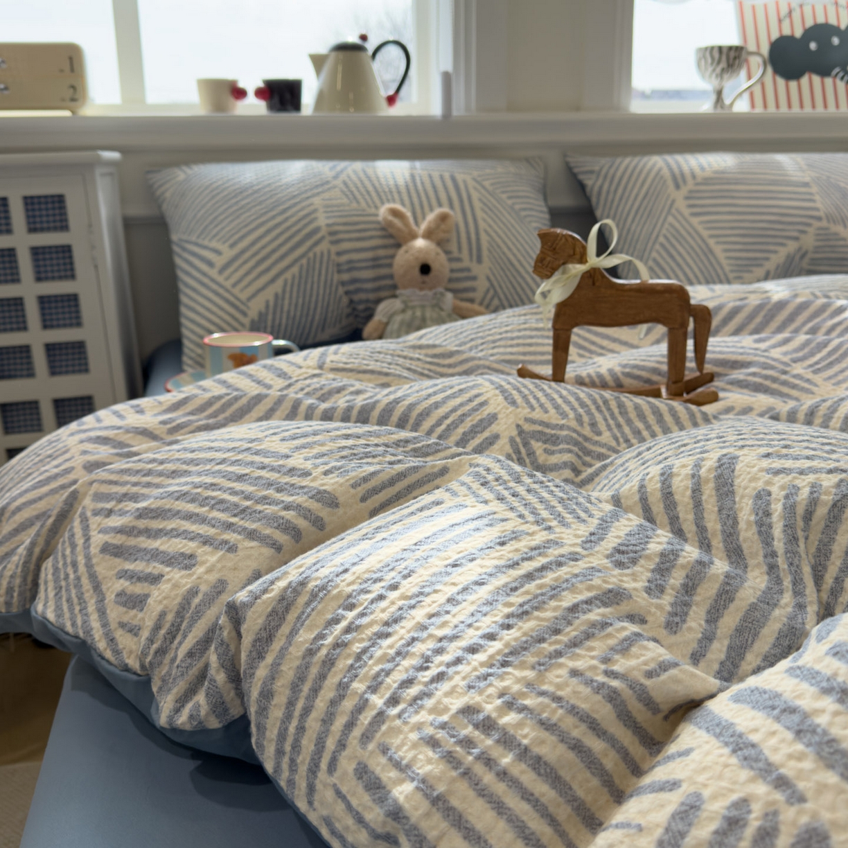 91家纺网 家纺一手货源 找家纺 眠博士 2026新款A类全棉印花华夫格工艺四件套 全棉华夫格-素蓝几何