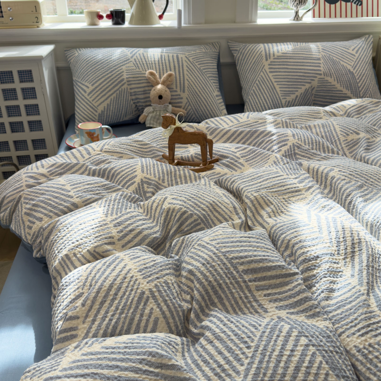 91家纺网 家纺一手货源 找家纺 眠博士 2026新款A类全棉印花华夫格工艺四件套 全棉华夫格-素蓝几何