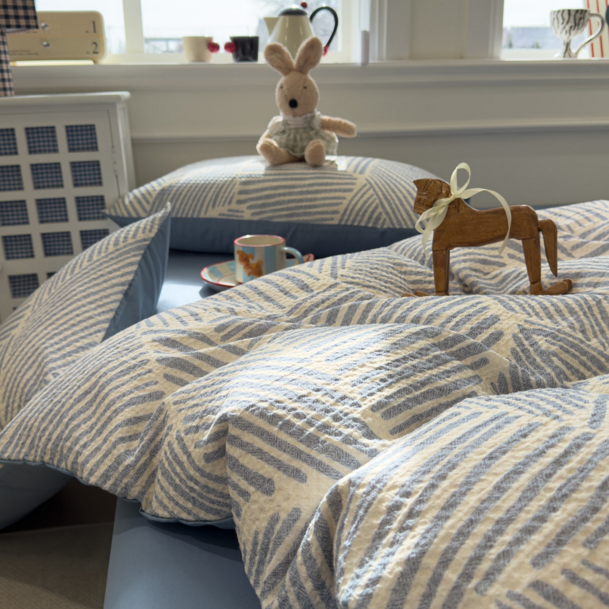 91家纺网 家纺一手货源 找家纺 眠博士 2026新款A类全棉印花华夫格工艺四件套 全棉华夫格-素蓝几何