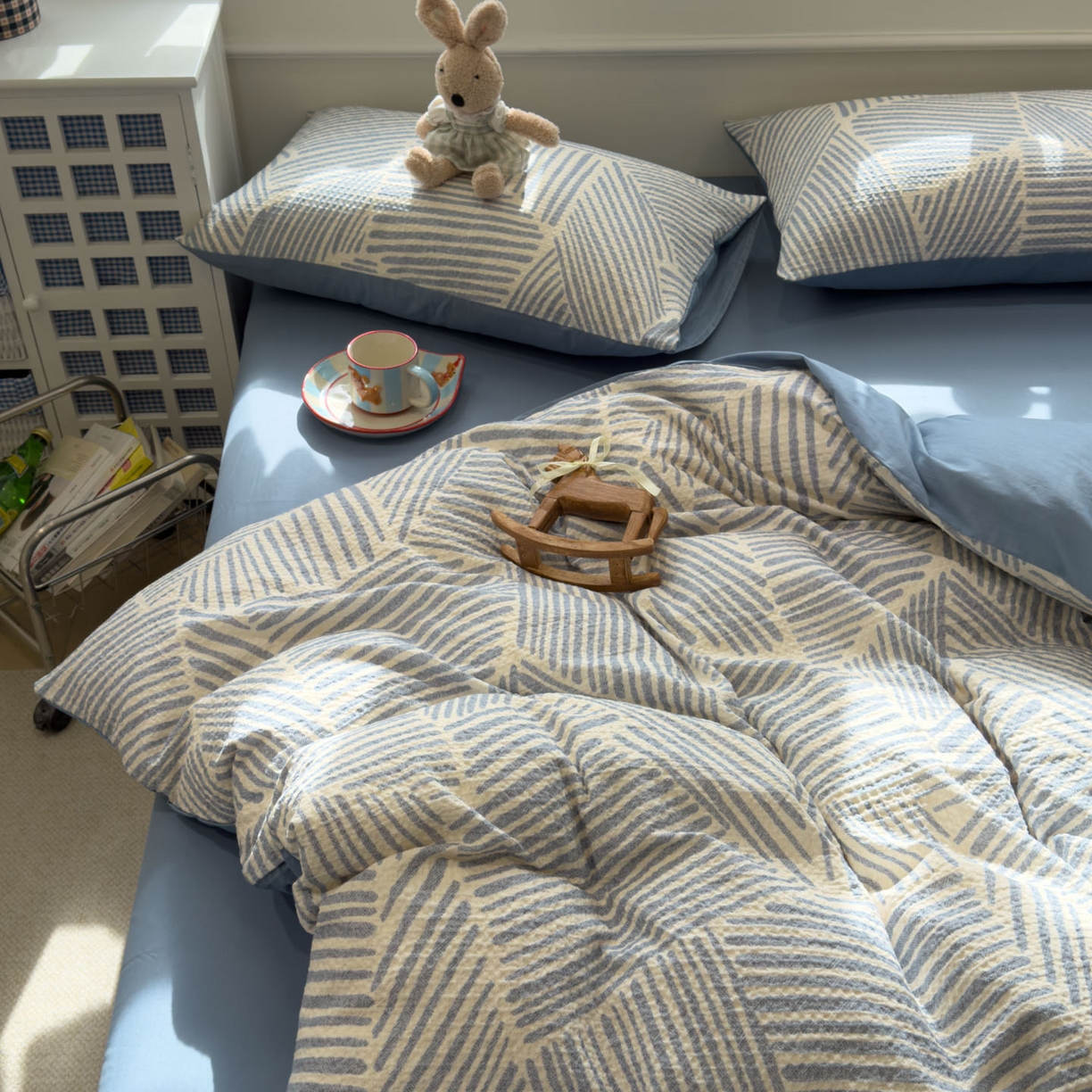 91家纺网 家纺一手货源 找家纺 眠博士 2026新款A类全棉印花华夫格工艺四件套 全棉华夫格-素蓝几何