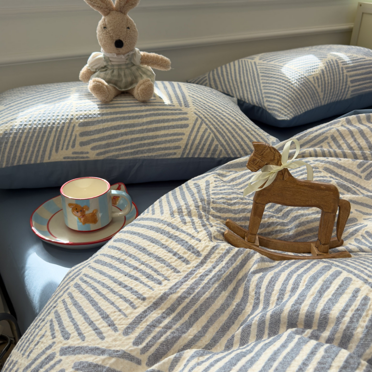 91家纺网 家纺一手货源 找家纺 眠博士 2026新款A类全棉印花华夫格工艺四件套 全棉华夫格-素蓝几何