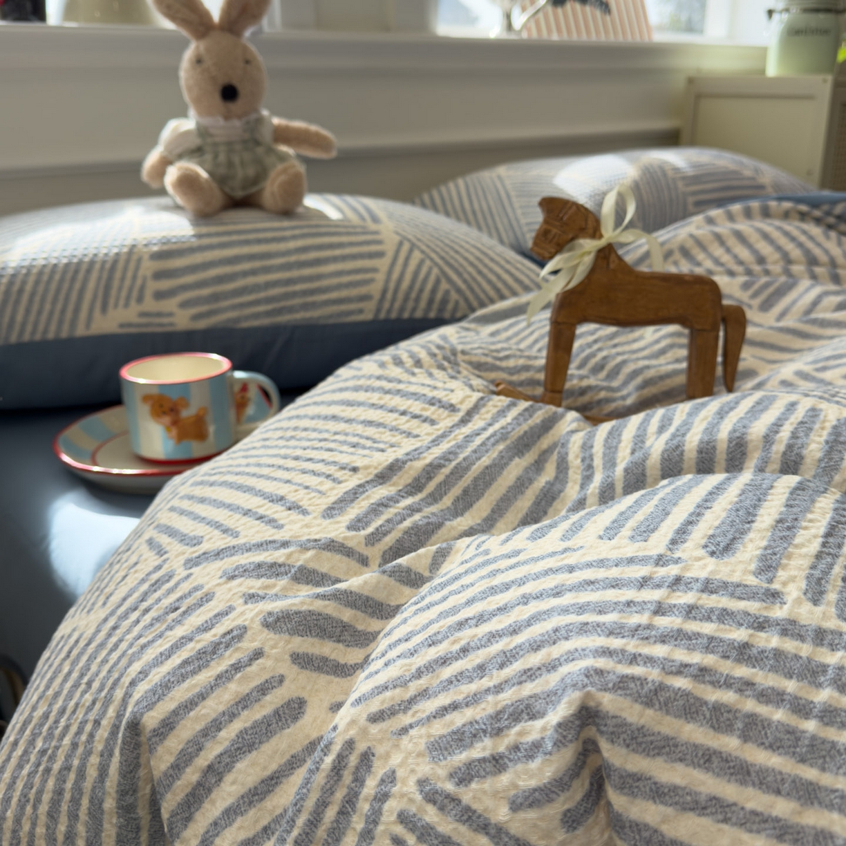 91家纺网 家纺一手货源 找家纺 眠博士 2026新款A类全棉印花华夫格工艺四件套 全棉华夫格-素蓝几何