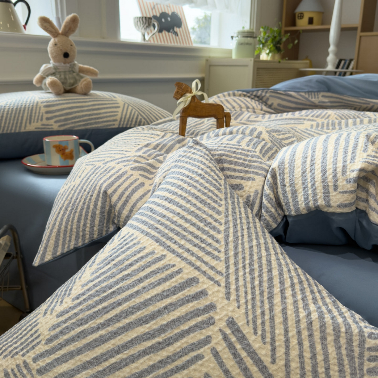 91家纺网 家纺一手货源 找家纺 眠博士 2026新款A类全棉印花华夫格工艺四件套 全棉华夫格-素蓝几何