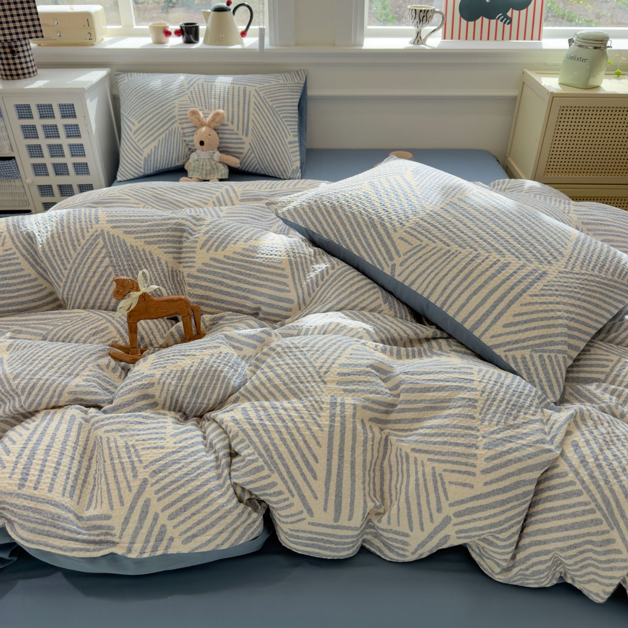 91家纺网 家纺一手货源 找家纺 眠博士 2026新款A类全棉印花华夫格工艺四件套 全棉华夫格-素蓝几何