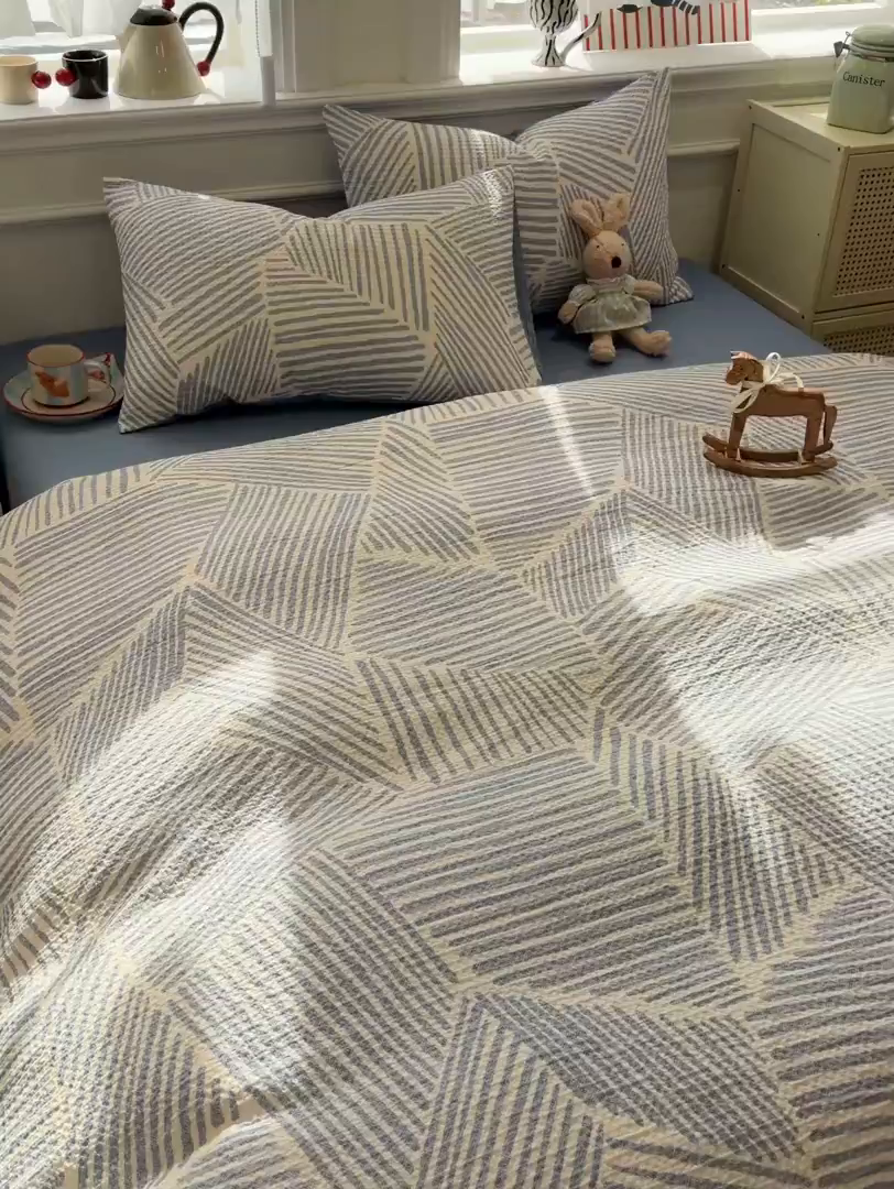 91家纺网 家纺一手货源 找家纺 眠博士 2026新款A类全棉印花华夫格工艺四件套 全棉华夫格-素蓝几何