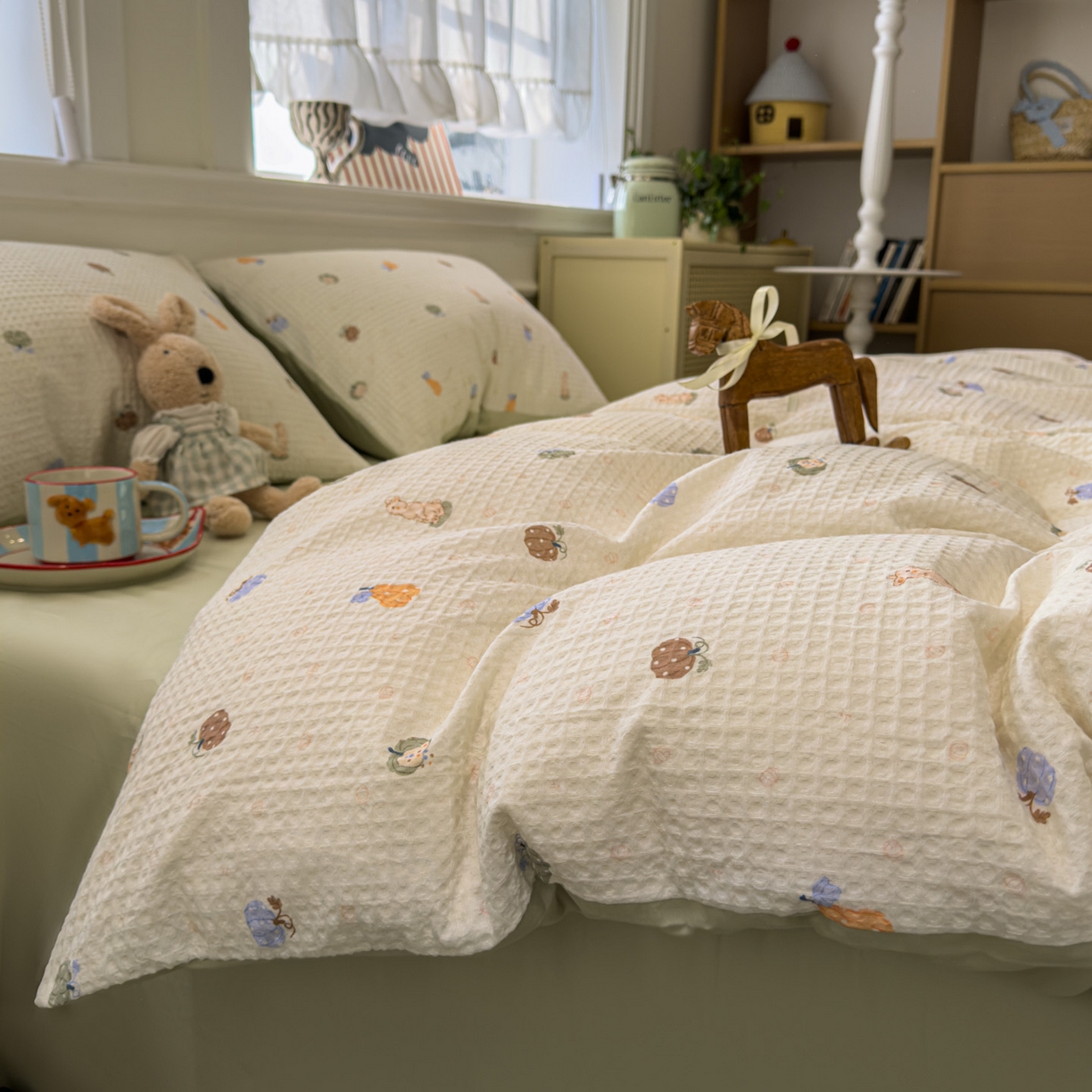 眠博士 2026新款A类全棉印花华夫格工艺四件套 全棉华夫格-甜瓜萌兔