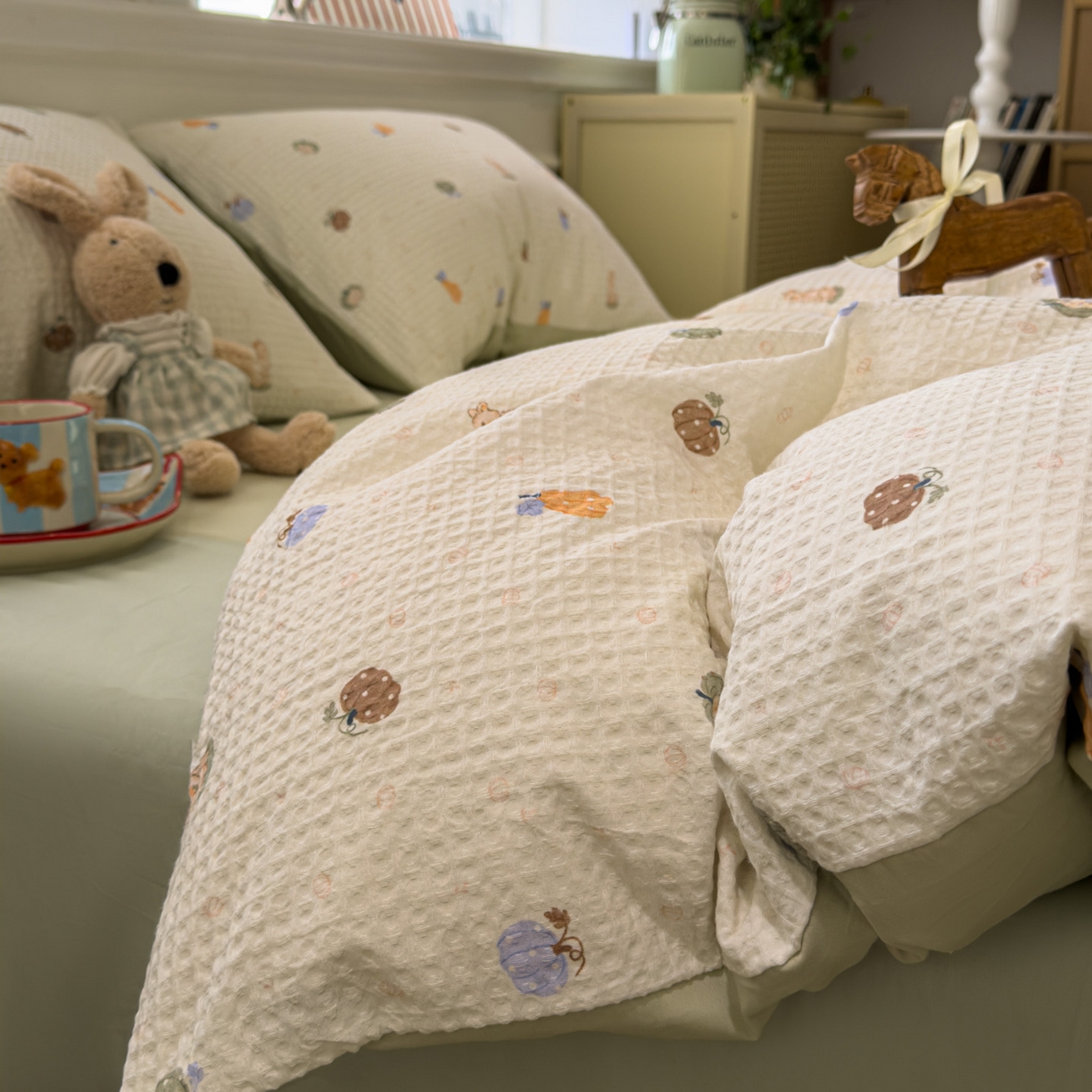 91家纺网 家纺一手货源 找家纺 眠博士 2026新款A类全棉印花华夫格工艺四件套 全棉华夫格-甜瓜萌兔