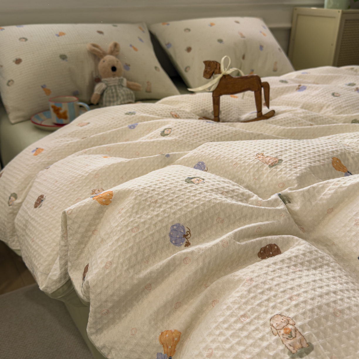 91家纺网 家纺一手货源 找家纺 眠博士 2026新款A类全棉印花华夫格工艺四件套 全棉华夫格-甜瓜萌兔