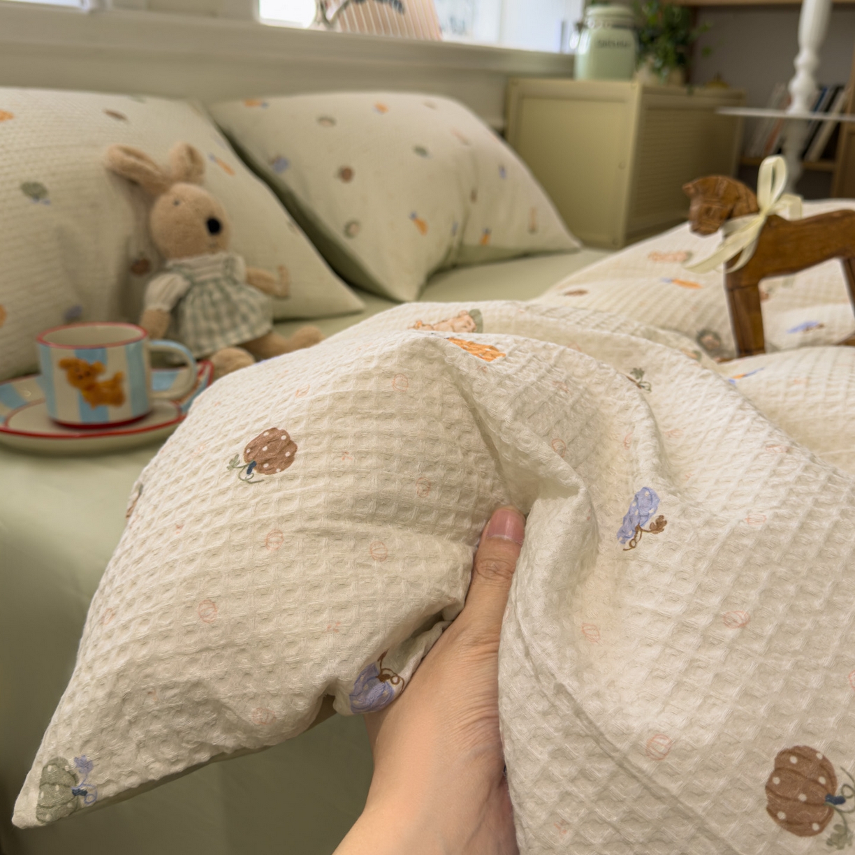 91家纺网 家纺一手货源 找家纺 眠博士 2026新款A类全棉印花华夫格工艺四件套 全棉华夫格-甜瓜萌兔