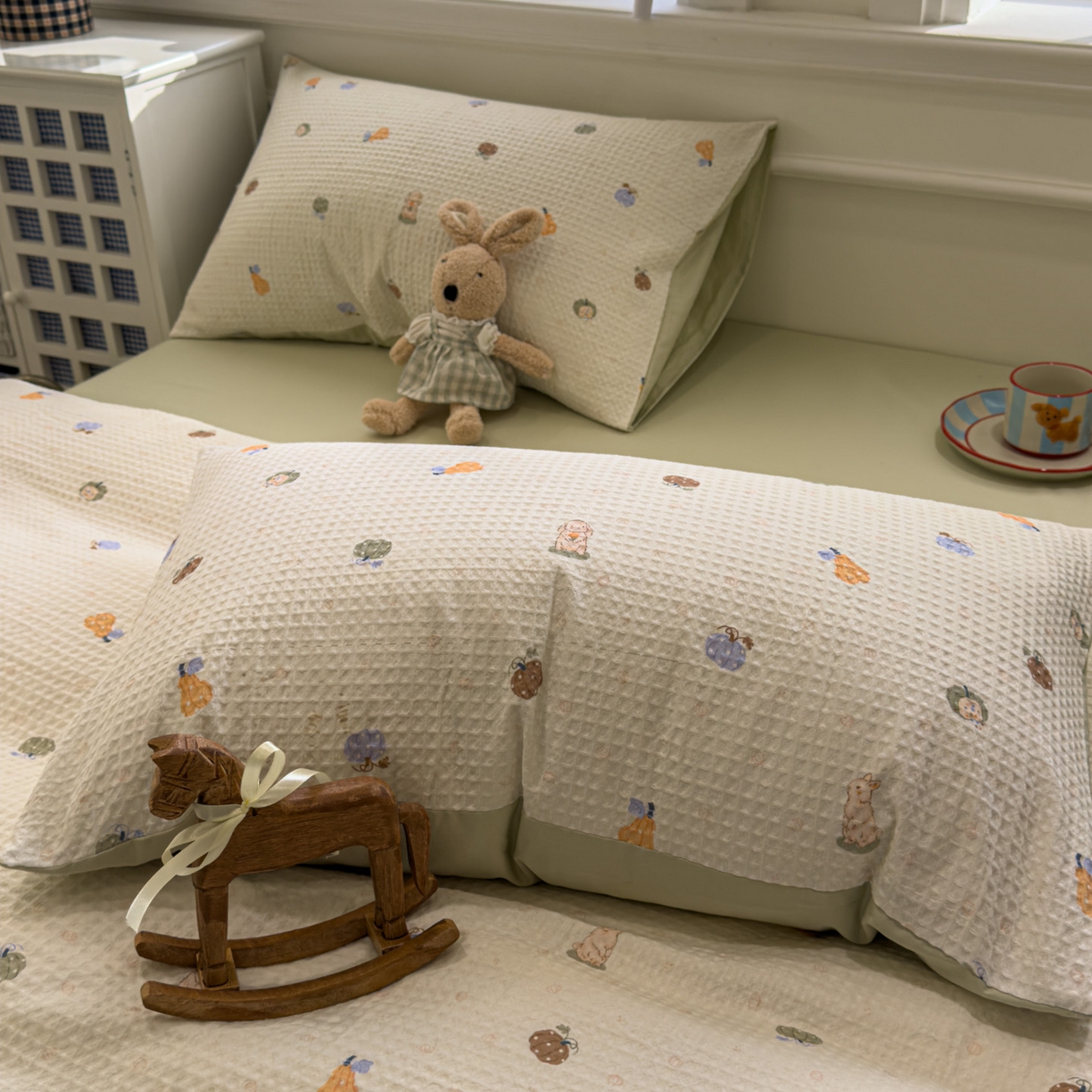 91家纺网 家纺一手货源 找家纺 眠博士 2026新款A类全棉印花华夫格工艺四件套 全棉华夫格-甜瓜萌兔