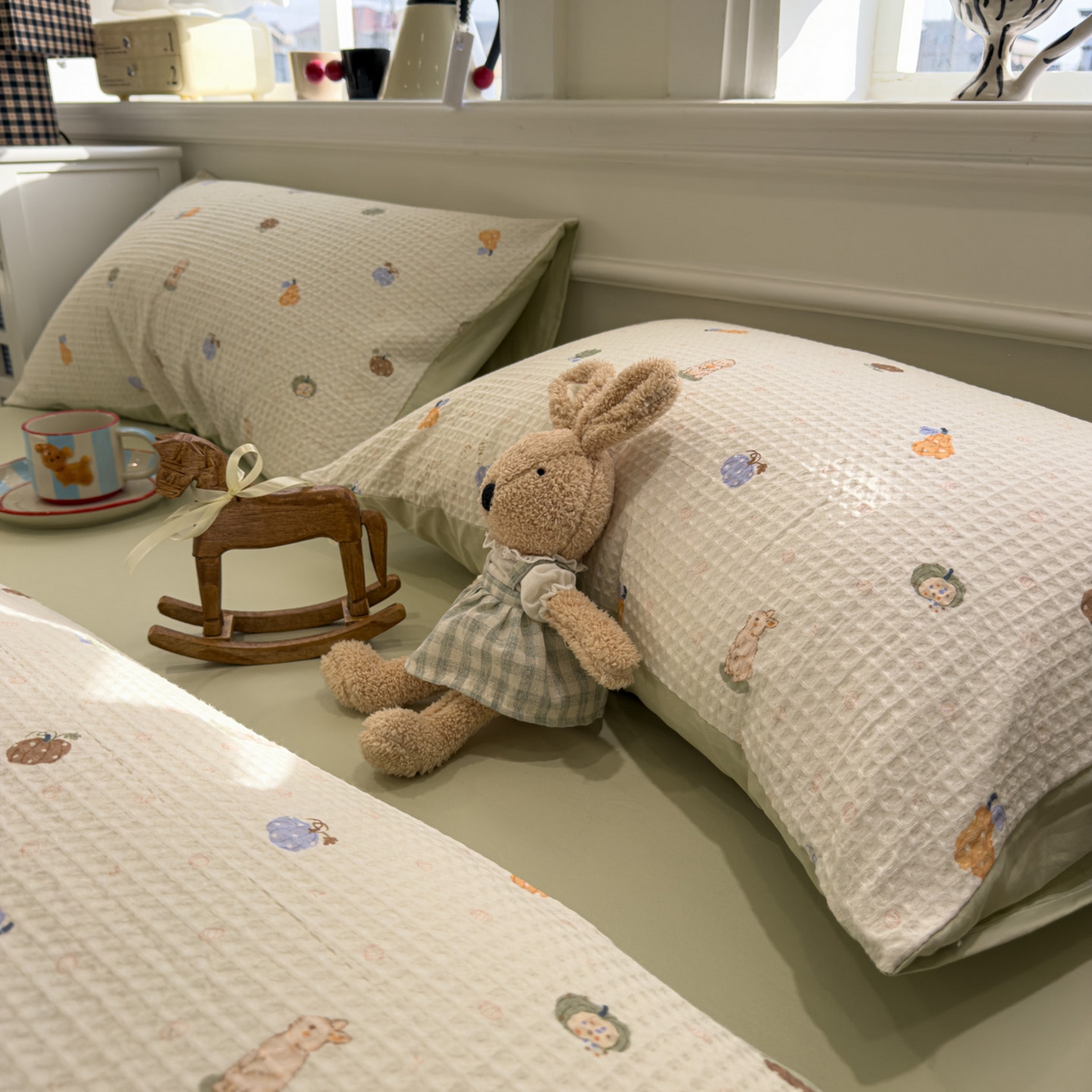 91家纺网 家纺一手货源 找家纺 眠博士 2026新款A类全棉印花华夫格工艺四件套 全棉华夫格-甜瓜萌兔