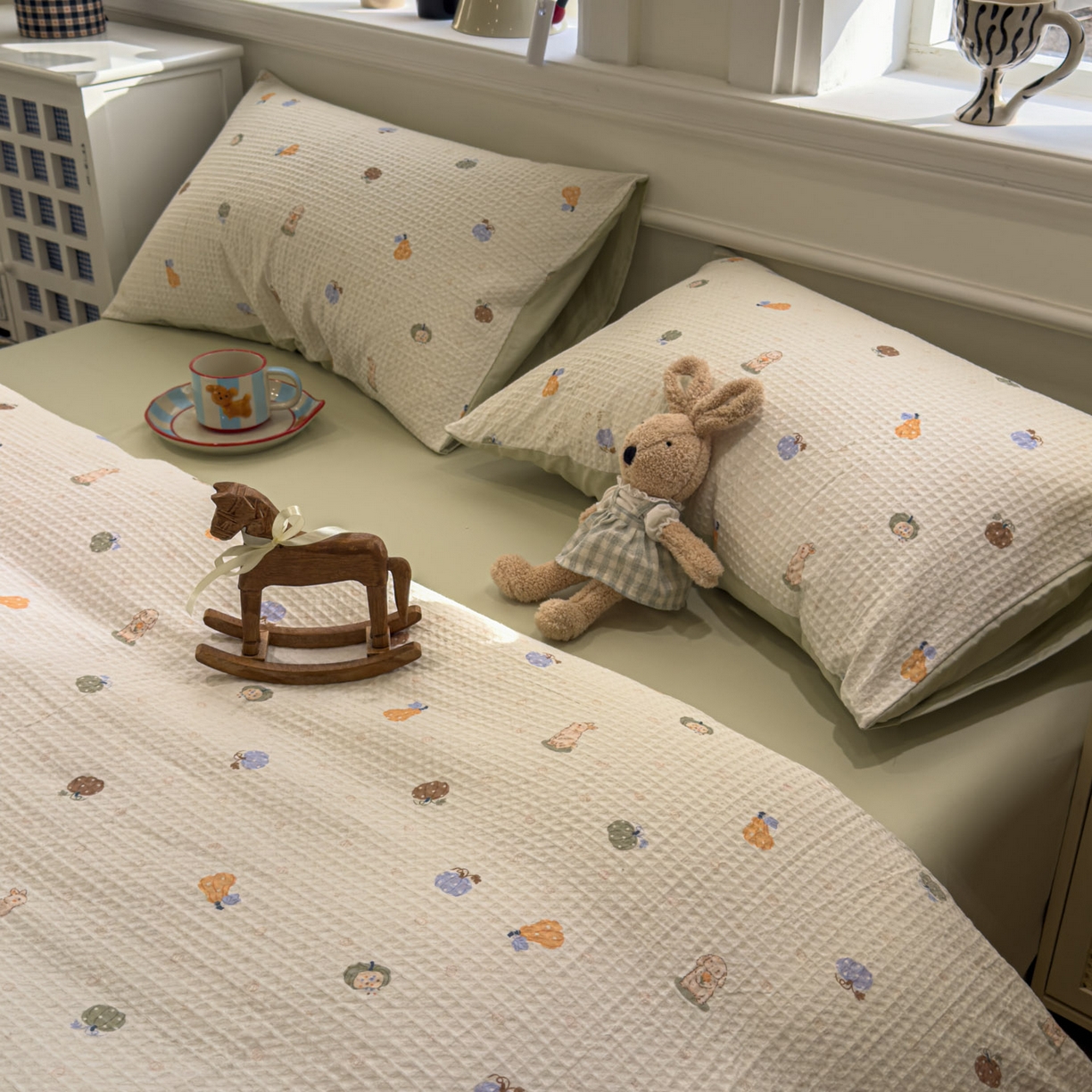 91家纺网 家纺一手货源 找家纺 眠博士 2026新款A类全棉印花华夫格工艺四件套 全棉华夫格-甜瓜萌兔