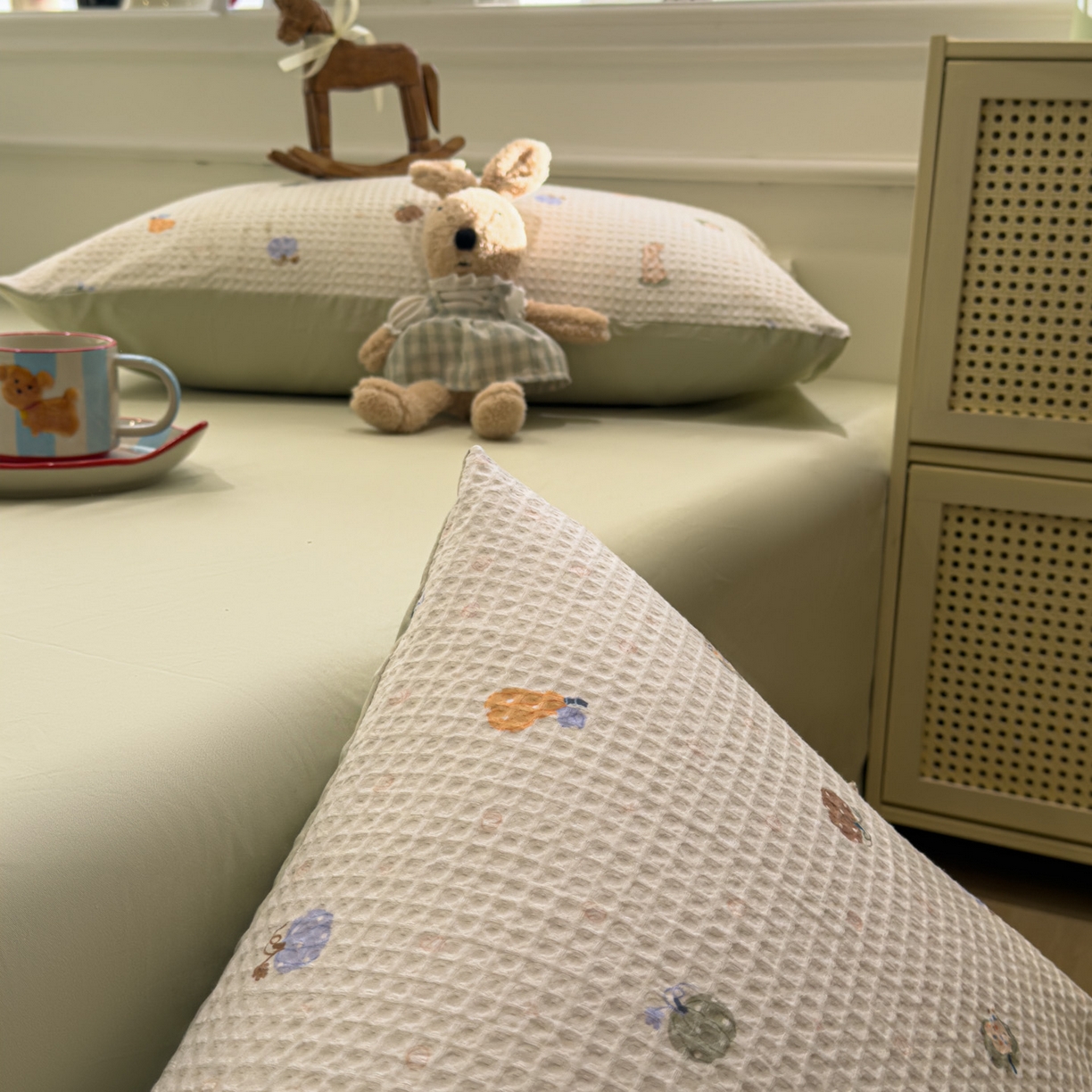 91家纺网 家纺一手货源 找家纺 眠博士 2026新款A类全棉印花华夫格工艺四件套 全棉华夫格-甜瓜萌兔