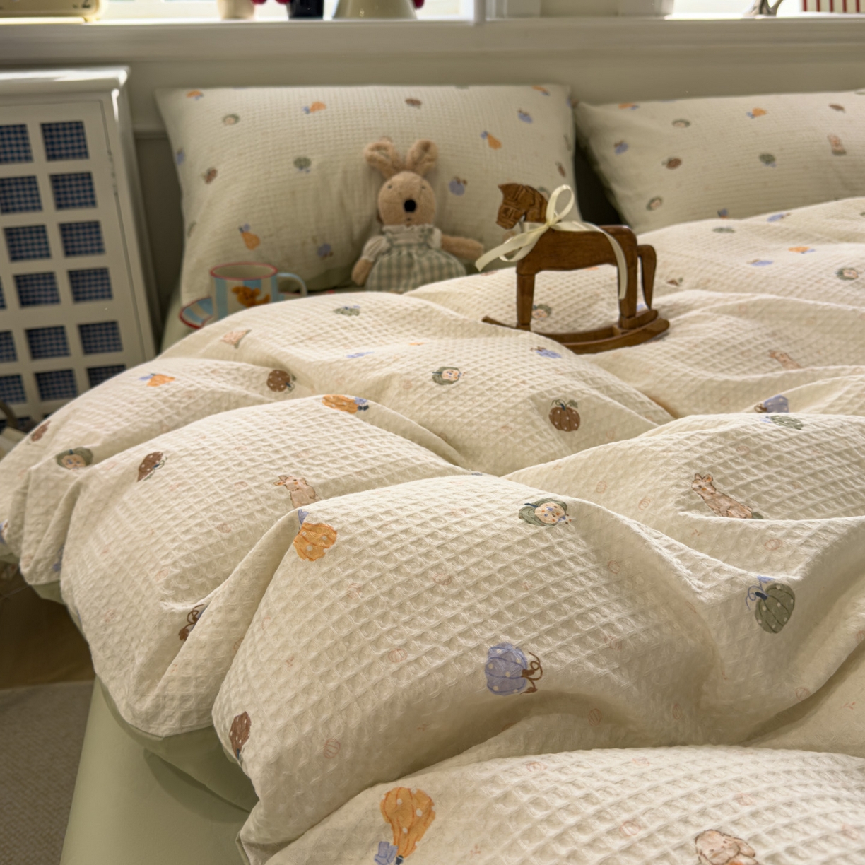 91家纺网 家纺一手货源 找家纺 眠博士 2026新款A类全棉印花华夫格工艺四件套 全棉华夫格-甜瓜萌兔